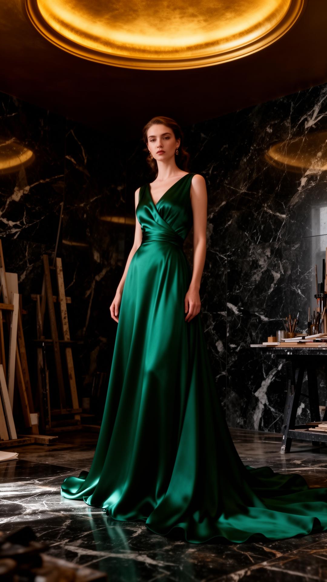 Grandeur Boutique — emerald silk couture in a marble atelier