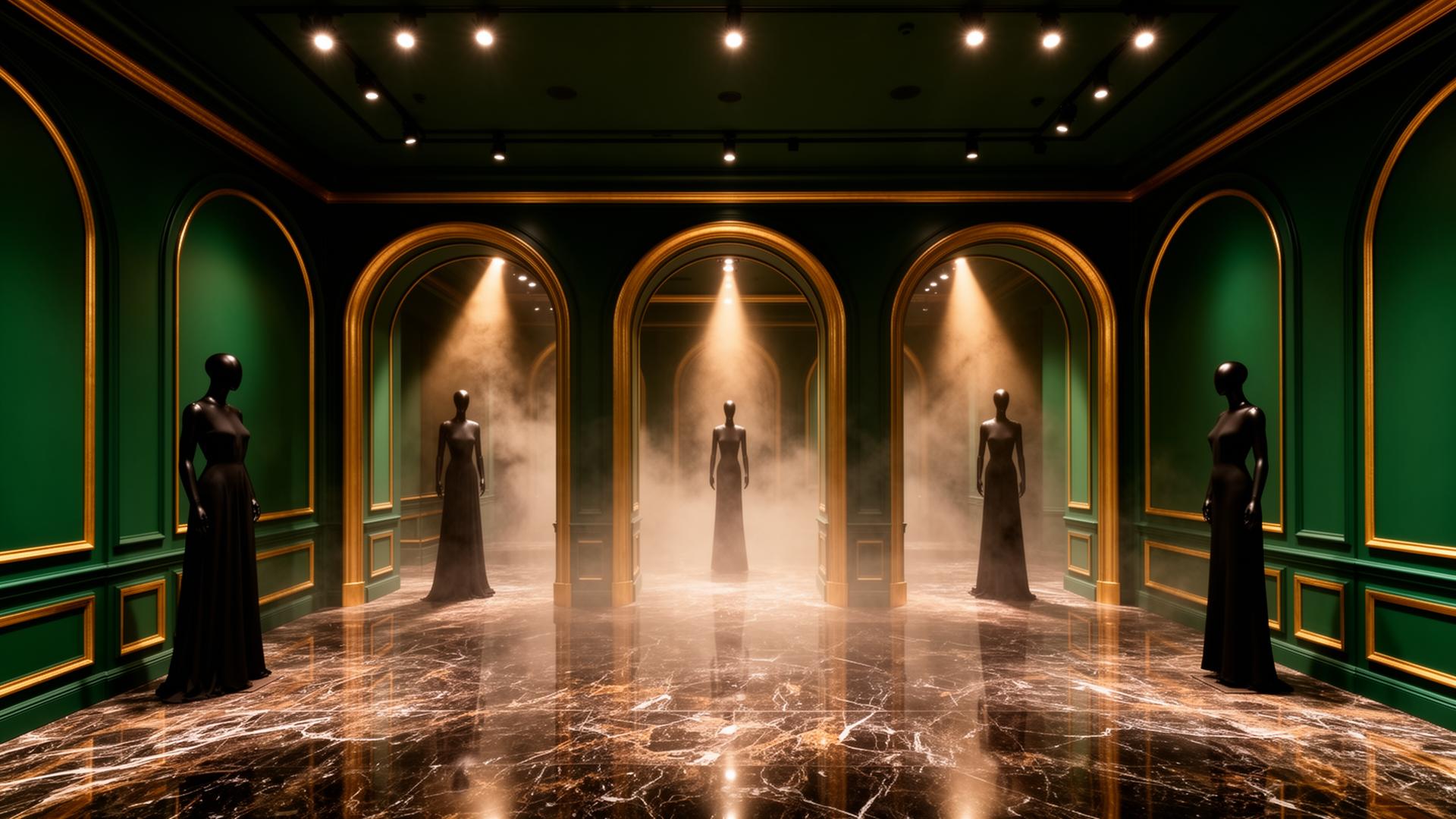 Grandeur Boutique virtual showroom — emerald arches and golden spotlights